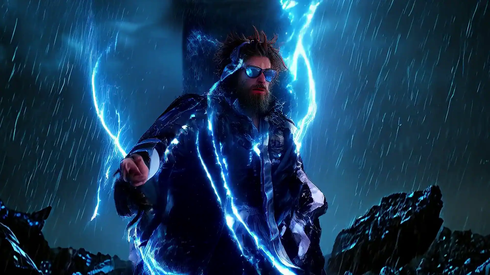Néo, l'avatar du fondateur du studio, sous l'orage